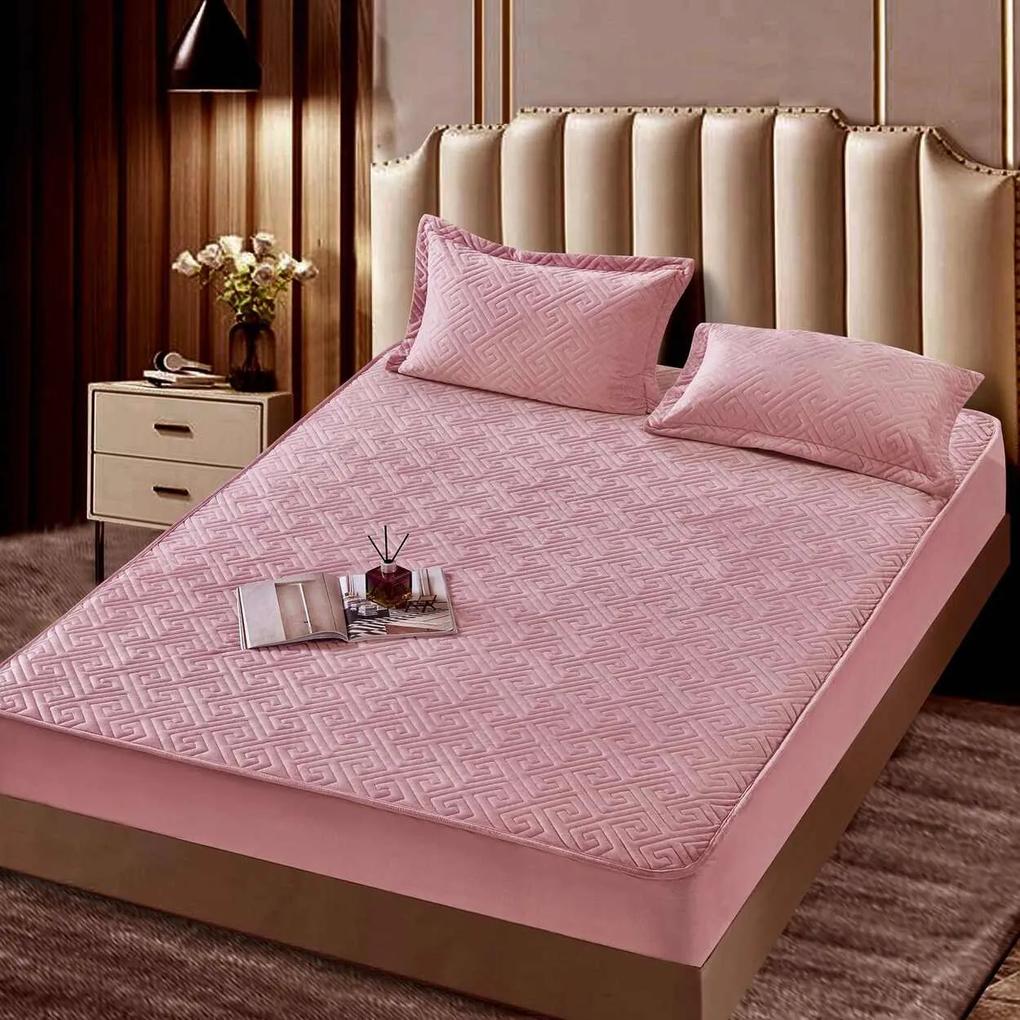 Husa de pat matlasata si 2 fete de perne din catifea, cu elastic, model tip topper, pentru saltea 160x200 cm, roz, HTC-46