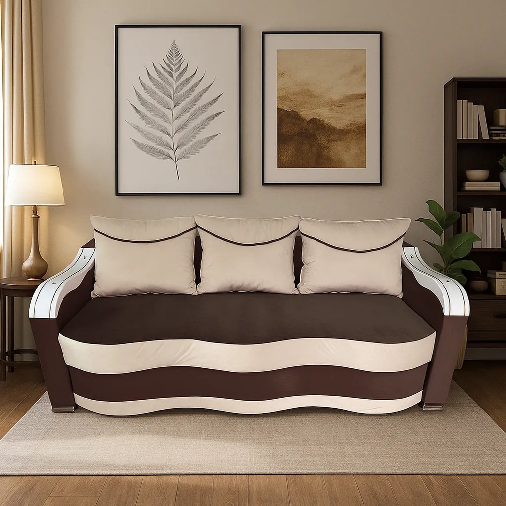 Canapea DIANA extensibila, 3 locuri, cu lada de depozitare, catifea crem cu maro , 220x100x80 Maro + Crem, Catifea