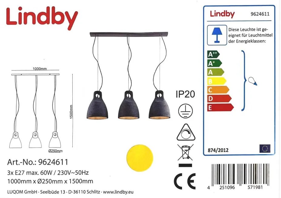 Lustră pe cablu IBU 3xE27/60W/230V Lindby