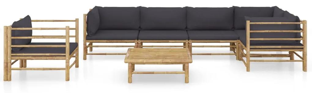 Set mobilier de grădină, cu perne gri închis, 7 piese, bambus