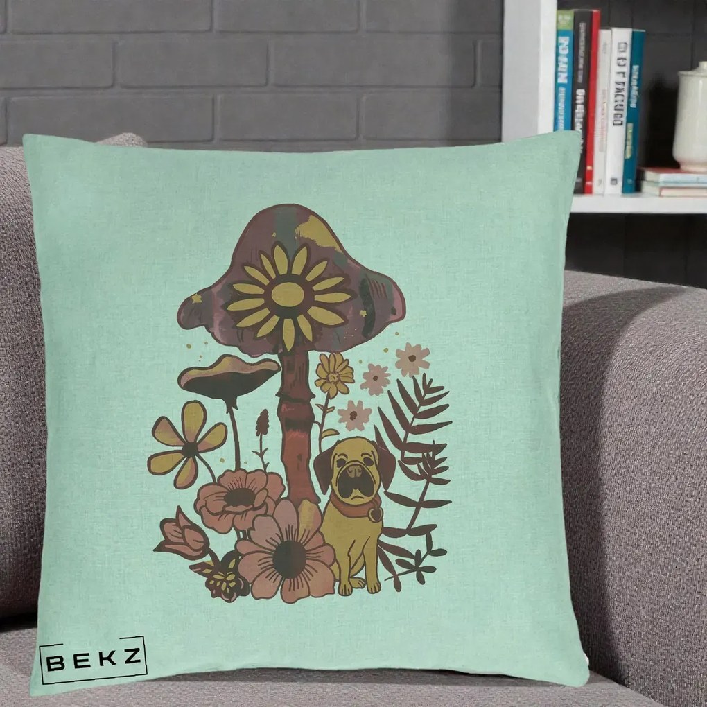 Perna Decorativa Ciuperca Caine Boho, 40x40 cm, Verde Menta, Husa Detasabila, Perna Inclusa, BEKZ®