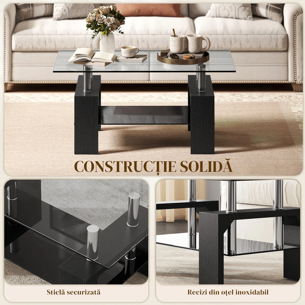 HOMCOM Măsuță de Cafea Modernă cu 2 Nivele din Lemn și Oțel cu Blat din Sticlă Temperată, 90x50x42 cm, Negru | Aosom Romania