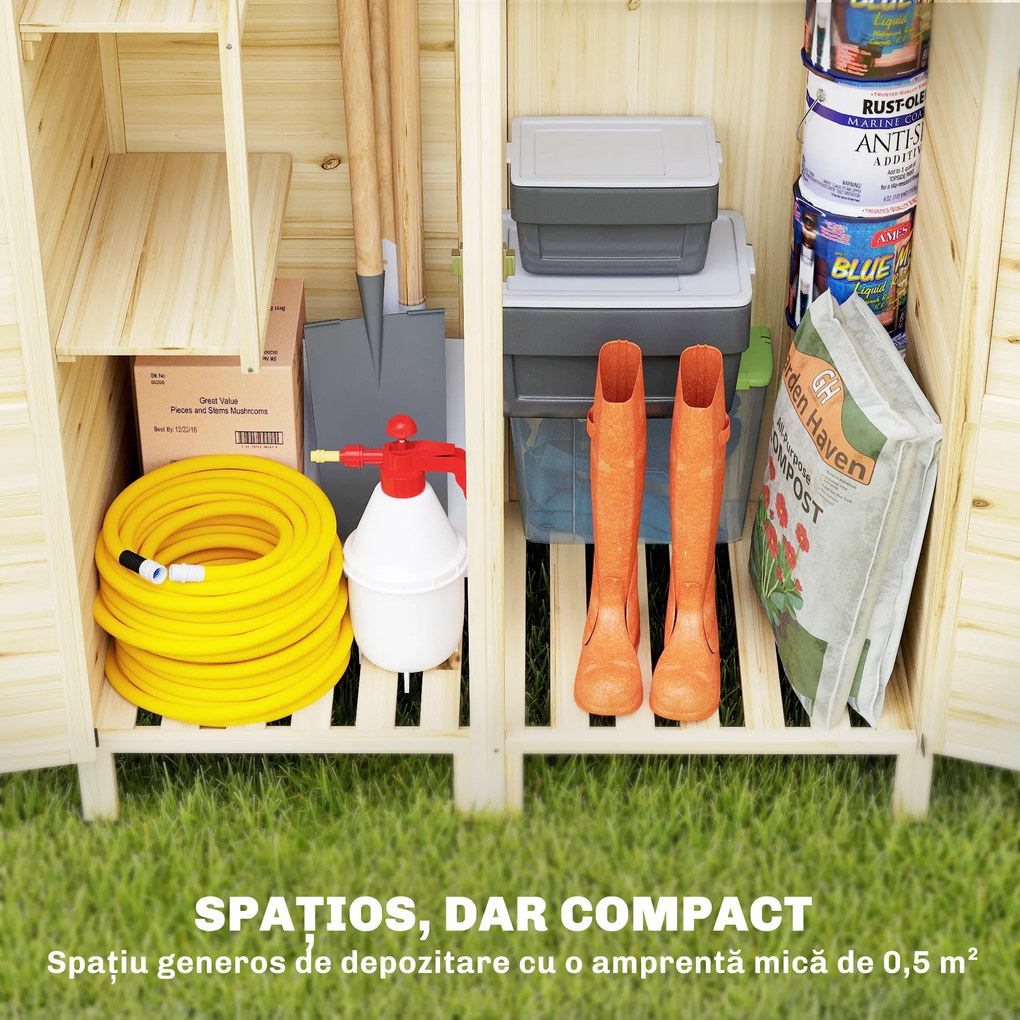 Outsunny Magazie pentru Unelte cu 2 Zone, Rafturi Reglabile și Fereastră, din Lemn de Brad, 106x57x167 cm, Culoare Naturală | Aosom Romania
