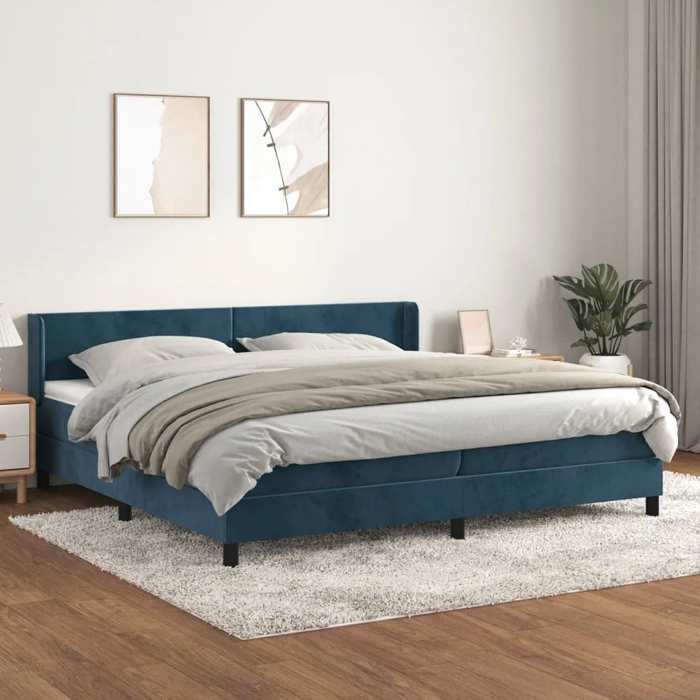 Pat box spring cu saltea, albastru inchis, 200x200 cm, catifea Albastru inchis, 200 x 200 cm, Design simplu