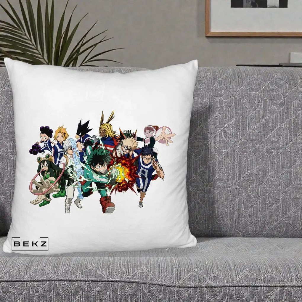 Perna Personalizata My Hero Academia Clasa 1-A Complet, 40x40 cm, Alb Pufos, Husa Detasabila, Perna Inclusa, BEKZ®