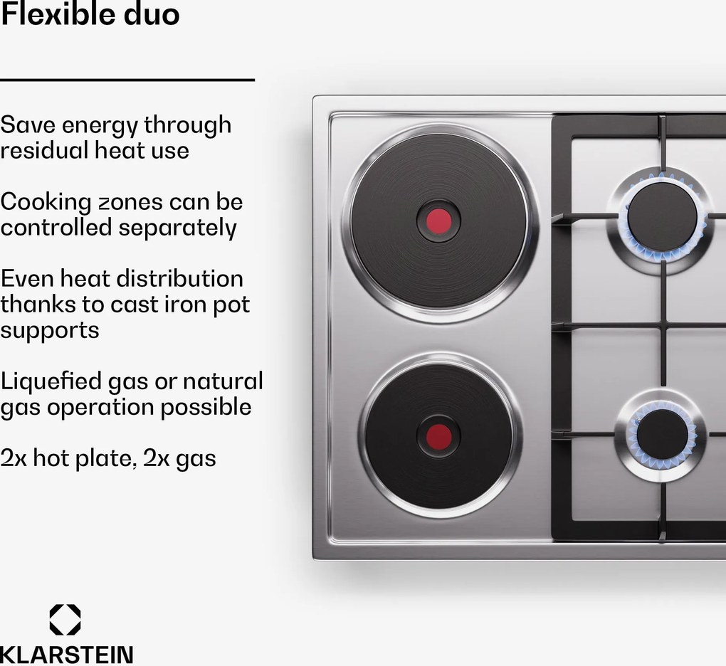 Klarstein MultiChef 4 Hot Plate, plită electrică și pe gaz, 4 zone de gătit, 2 arzătoare, 2 plite electrice