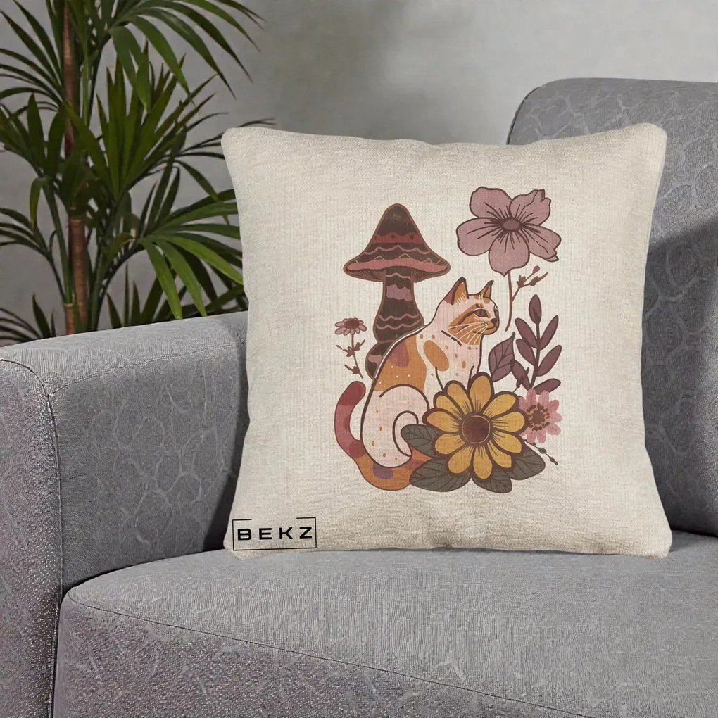 Perna Decorativa Pisica Vintage Florala Boho, 40x40 cm, Bej Canapea, Husa Detasabila, Perna Inclusa, BEKZ®