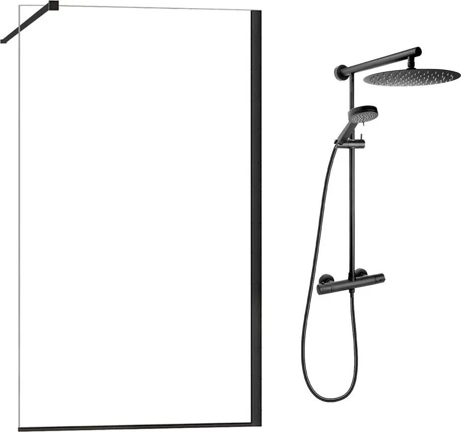 Pachet paravan dus Walk-In Fluminia Foxy negru 120x200 cm si coloana de dus FDesign Anima Quadro negru