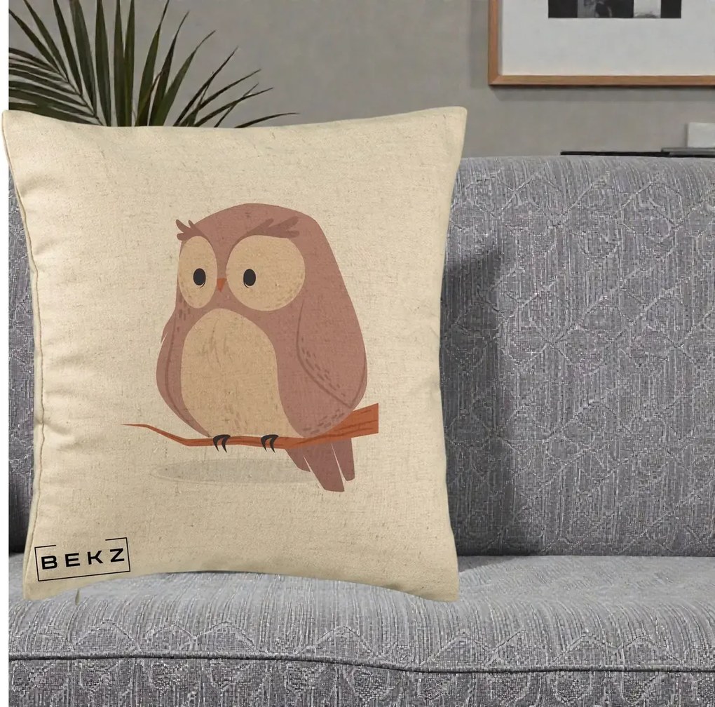 Perna Decorativa Bufnita Kawaii pe Creanga, 40x40 cm, Bej, Husa Detasabila, Perna Inclusa, BEKZ®