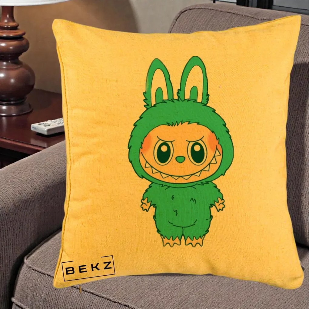 Perna Personalizata Labubu Turcoaz, 40x40 cm, Galben, Husa Detasabila, Perna Inclusa, BEKZ®
