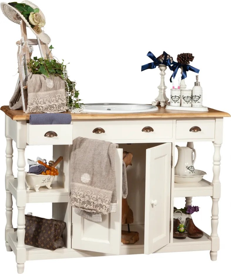 Mobilier de baie din lemn masiv, lavoar ceramica , alb antichizat  natur, L128x54xH92 cm