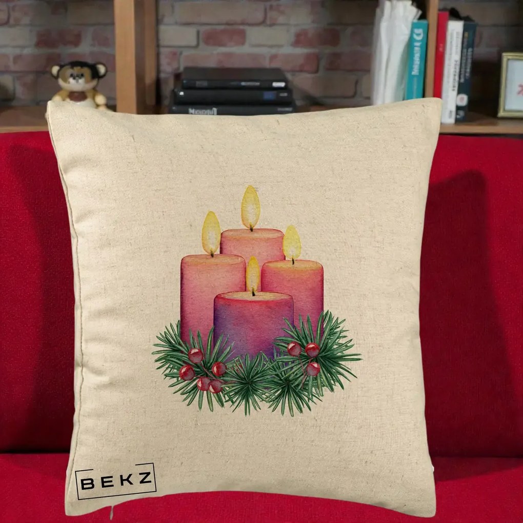 Perna Decorativa Lumanari Advent Roz-Violet, 40x40 cm, Bej, Husa Detasabila, Perna Inclusa, BEKZ®