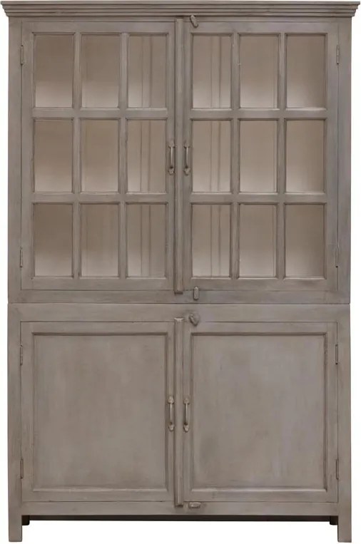 Vitrină clasică din lemn masiv de mango cu 4 uși vitrate și rafturi, finisaj gri antichizat, 135×42×204 cm, „Cheverny"