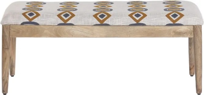 Banchetă tapițată pentru hol din bumbac ikat brodat manual și lemn masiv de mango, 113×35×45 cm, „Dakar"