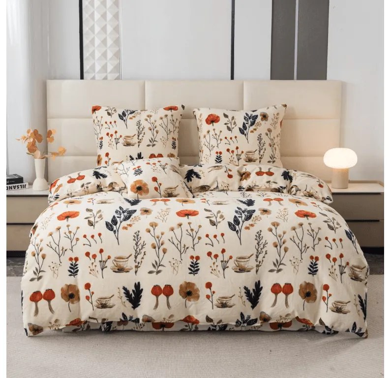 Set 2 buc lenjerie cocolino PAPAVA crem + cearsaf Cocolino microplus cu elastic SOFT 180x200 cm alb, pat dublu