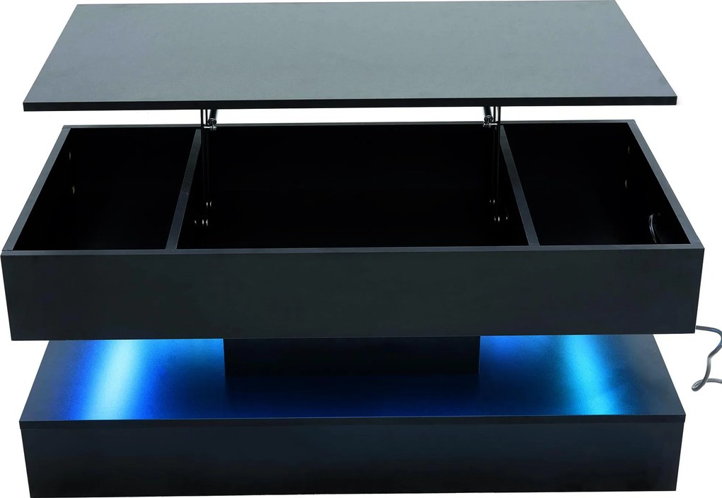 Masă de cafea modernă cu iluminare LED și spațiu de depozitare ascuns, măsuță laterală cu sistem hidraulic de ridicare, 100x50x42 cm, Negru