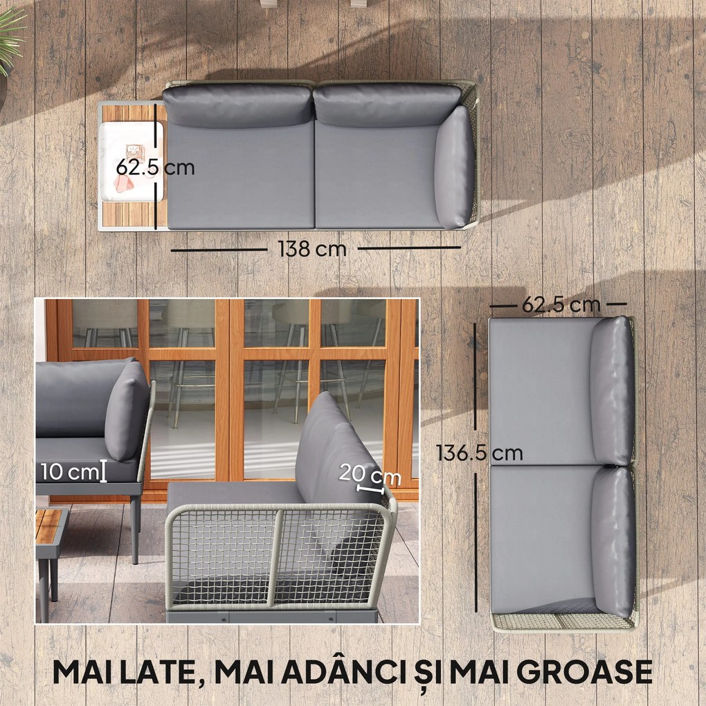 Outsunny Set de Mobilier de Grădină din 3 Piese cu 2 Canapele și Măsuță de Cafea, 184x75x71 cm, Gri | Aosom Romania