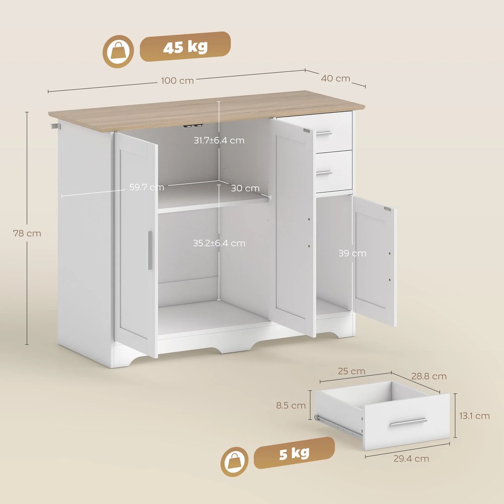 HOMCOM Comodă Modernă din Lemn cu 2 Sertare și 2 Dulapuri, 100x40x78 cm, Alb și Culoare Lemn | Aosom Romania