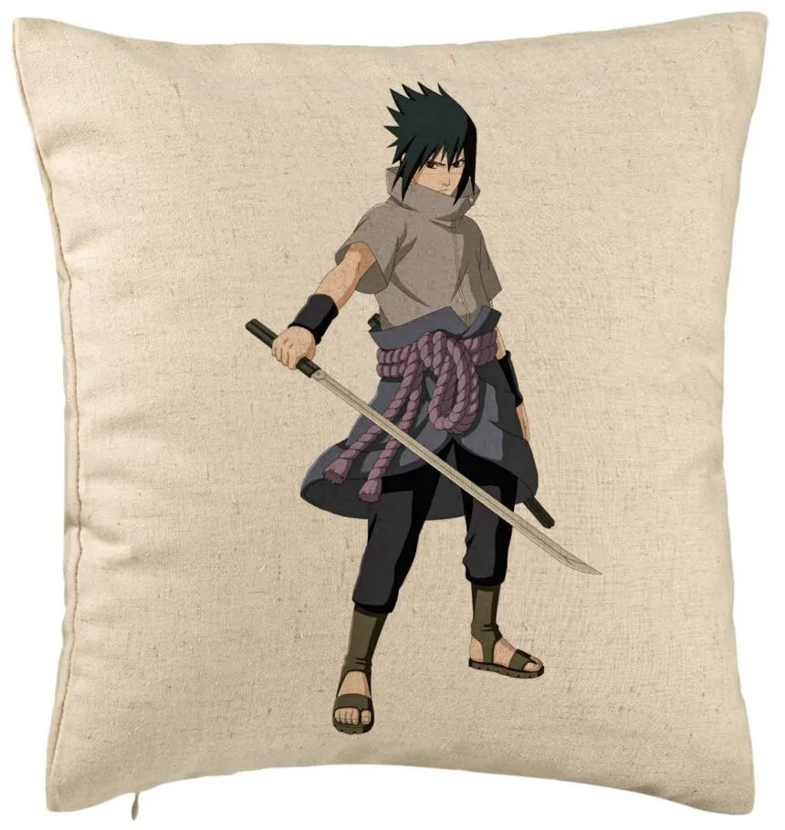 Perna Decorativa cu Nsruto Sasuke, 40x40 cm, Bej, Husa Detasabila, Burduf