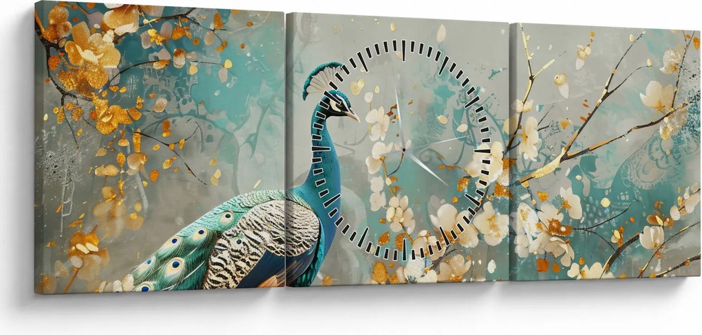 Tablou - Păun cu decor de aur (cu ceas) (90x30 cm)