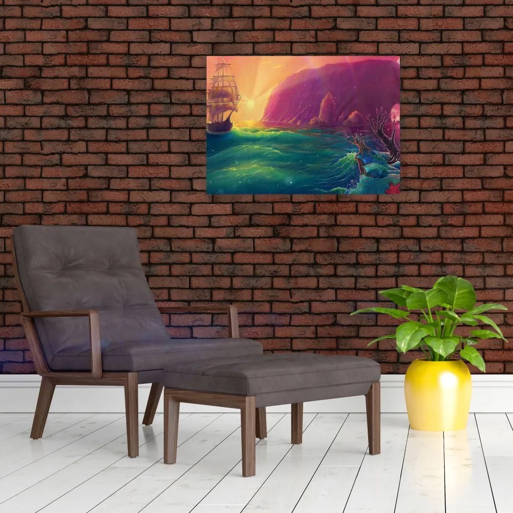Tablou pe sticlă - Pictură în ulei, călătorie într-un țărăm fantastic (70x50 cm)
