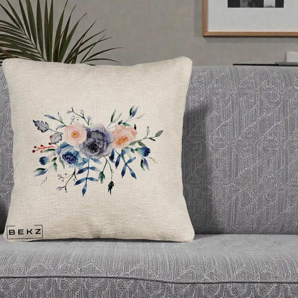 Perna decorativa cu flori: Buchet Flori Albastre Acuarela, 40x40 cm cu Umplutura, Bej Canapea, BEKZ