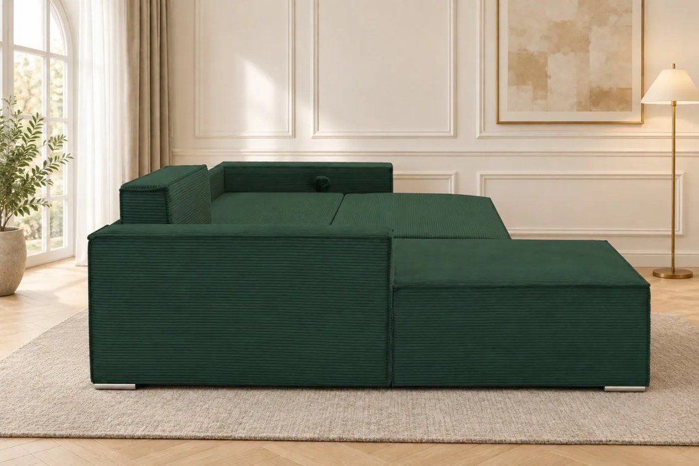 Colțar extensibil Livia Mini din catifea reiată, verde, colț pe stânga, cu ladă de depozitare