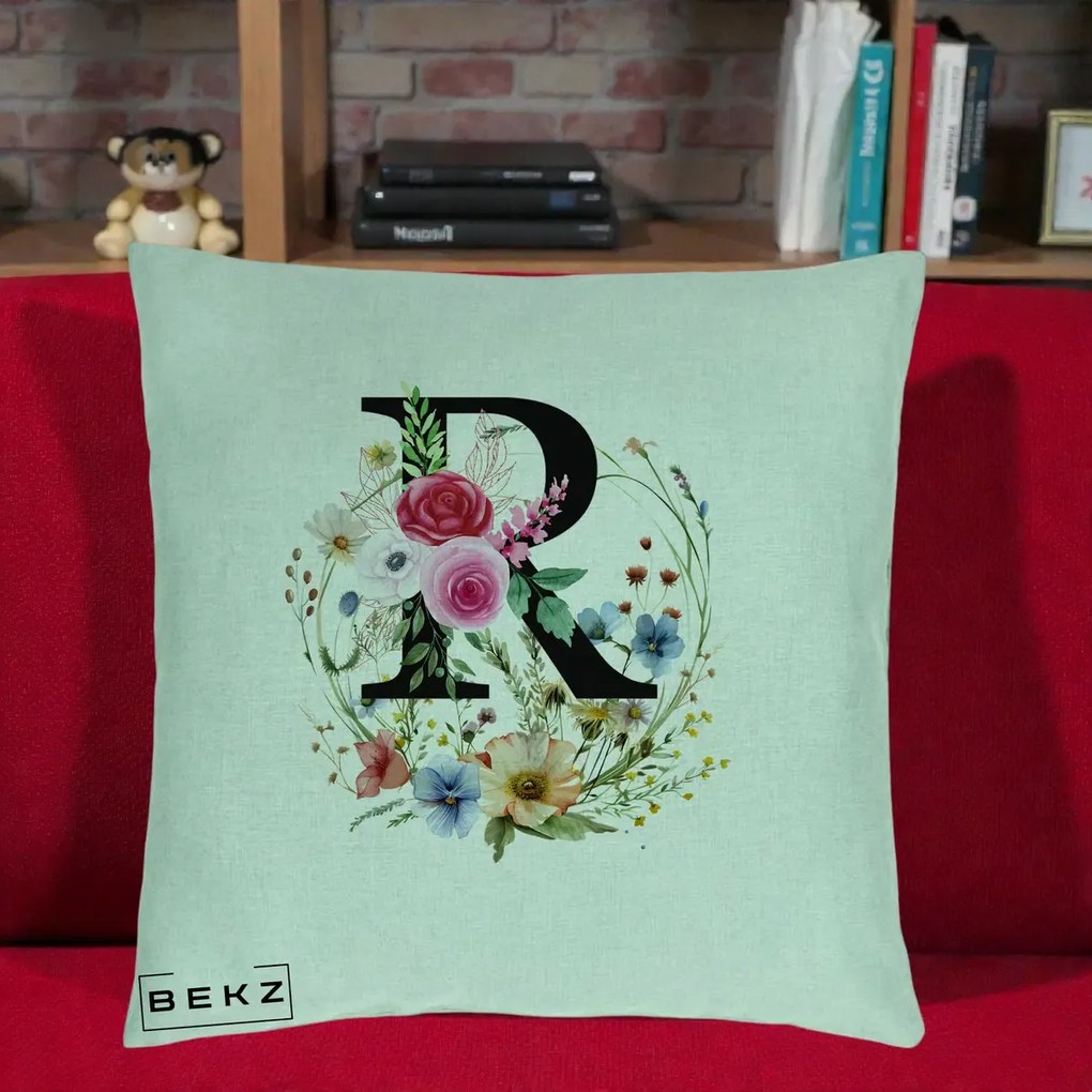 Cadou Personalizat - Perna Personalizata Monogram Litera R cu Flori Acuarela, 40x40 cm, Verde Menta, Husa Detasabila, Perna Inclusa, BEKZ®
