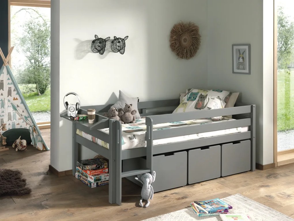 Dormitor Pino GRI 90x200 cm – Confort și ordine cu scară, 3 sertare & raft suspendat | Gama PINO