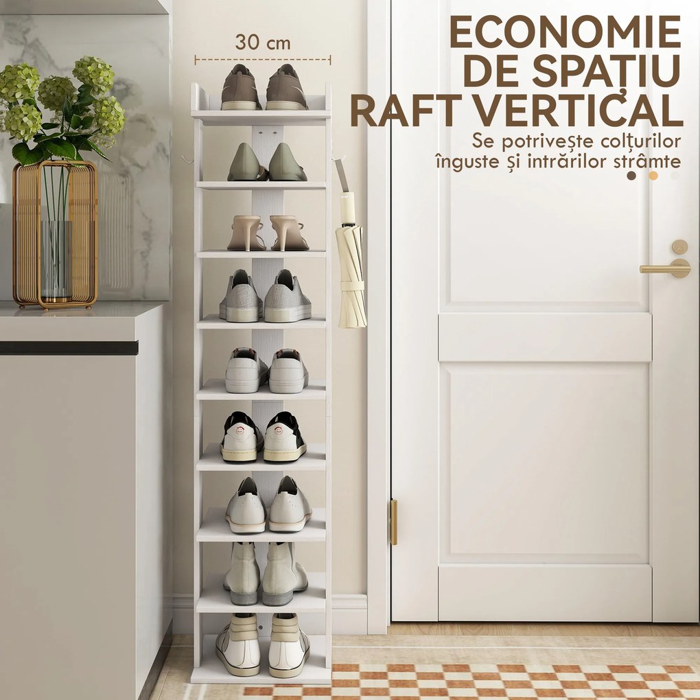 HOMCOM, Raft pentru Pantofi, Cu 9 Rafturi, PAL, 30 x 30 x 128.4 cm, Alb | Aosom Romania