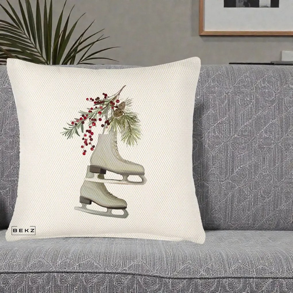 Perna Decorativa Patine cu Ramuri de Brad si Afine, 40x40 cm, Crem Reliefat, Husa Detasabila, Perna Inclusa, BEKZ®