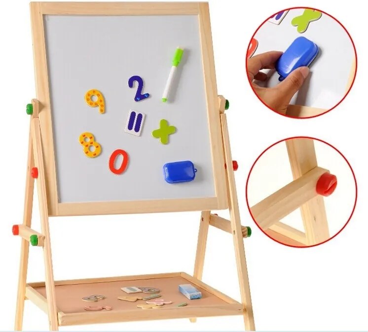 Tabla magnetica multifunctionala educativa, cu 2 fete, pentru copii, cu marker, creta si cifre cu magnet, 65x35x37 cm