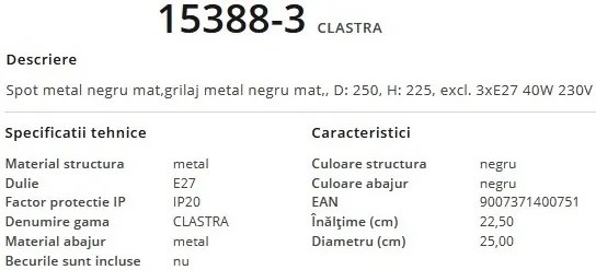Lustra / plafoniera cu 3 spoturi design modern Clastra negru 15388-3 GL