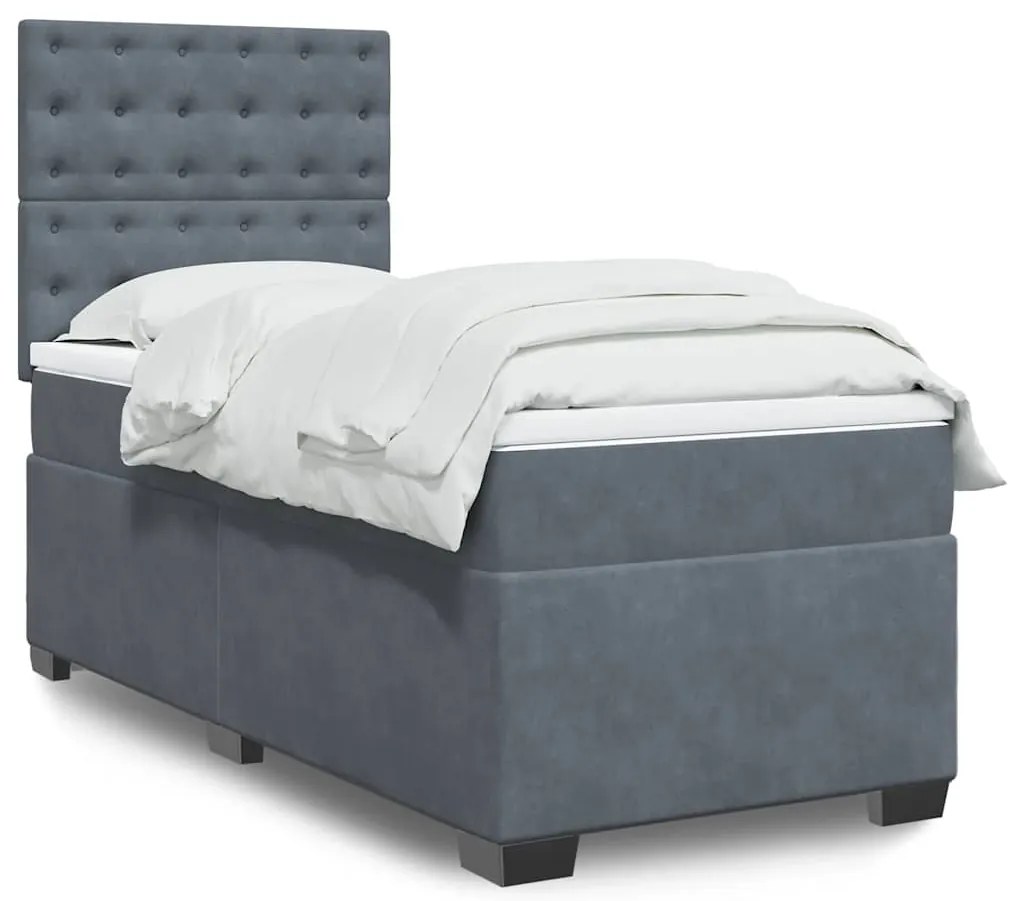 vidaXL Pat box spring cu saltea, gri închis, 90x190 cm, catifea