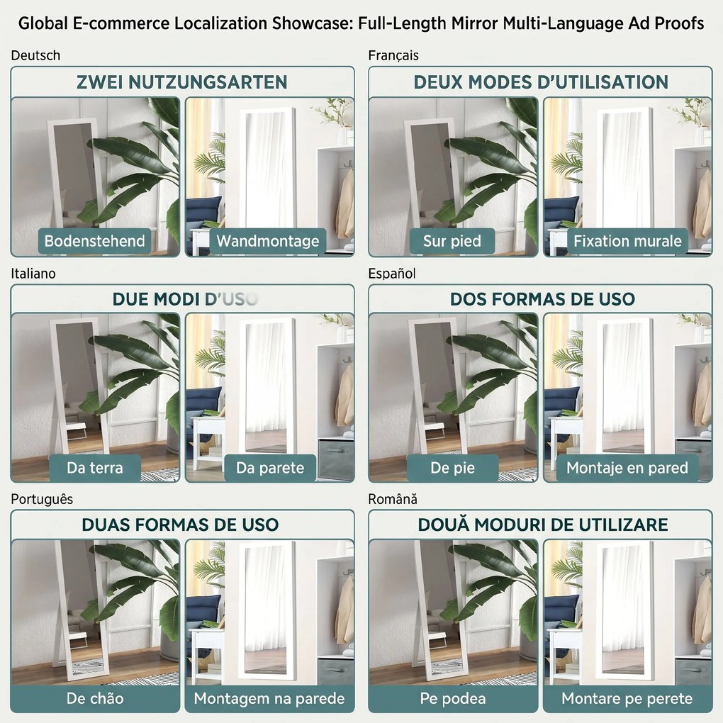 HOMCOM Oglindă cu Ramă din MDF, Picioare și Cârlige pentru Utilizare pe Podea sau pe Perete, 37x40x155 cm, Alb | Aosom Romania