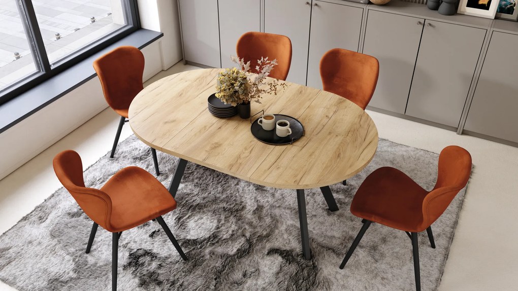 Mazzoni ALDO Stejar Craft Auriu/picioare negre - MASĂ ROTUNDĂ EXTENSIBILĂ CU PICIOARE ÎN FORMĂ DE "Y" STIL LOFT PENTRU SALON/SUFRAGERIE
