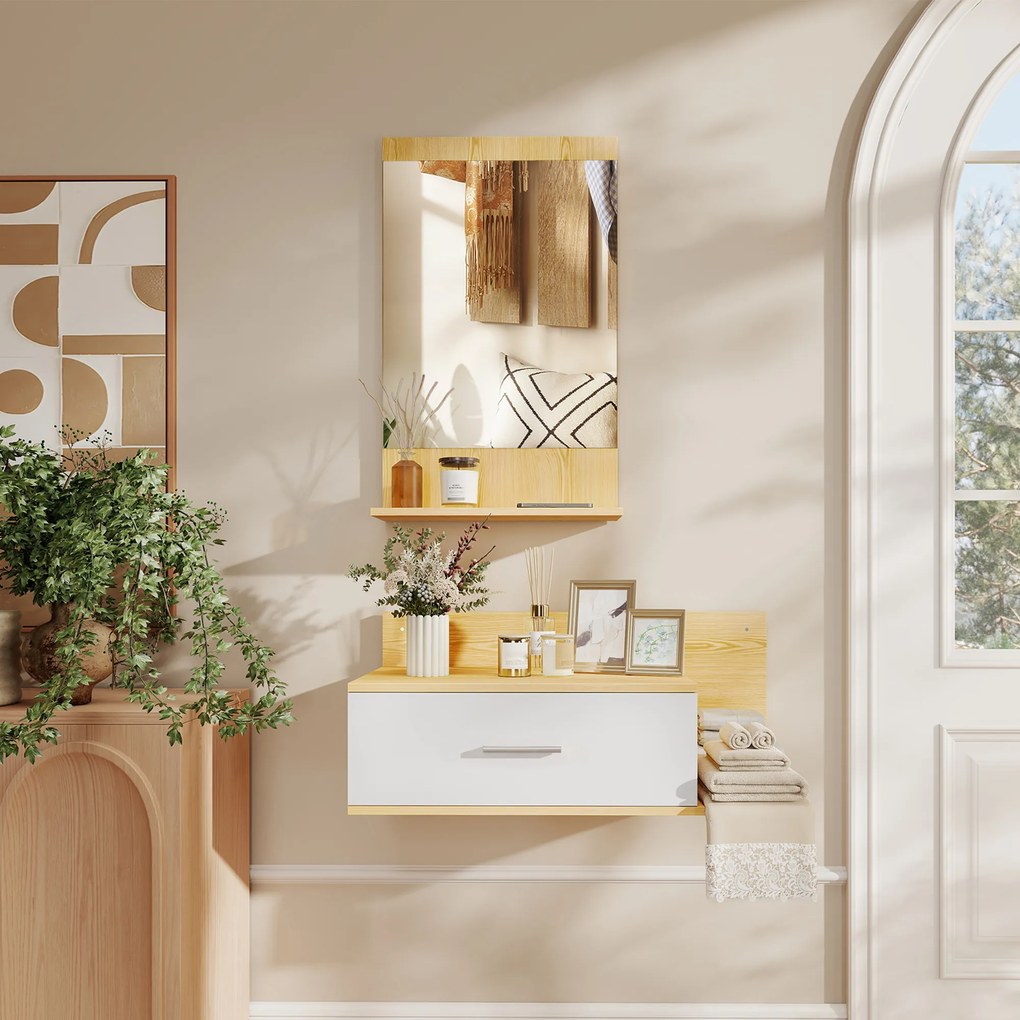 HOMCOM Set de Intrare cu Oglindă cu Raft și Dulap Suspendat cu Sertar și 2 Rafturi Deschise, din Lemn și Sticlă | Aosom Romania