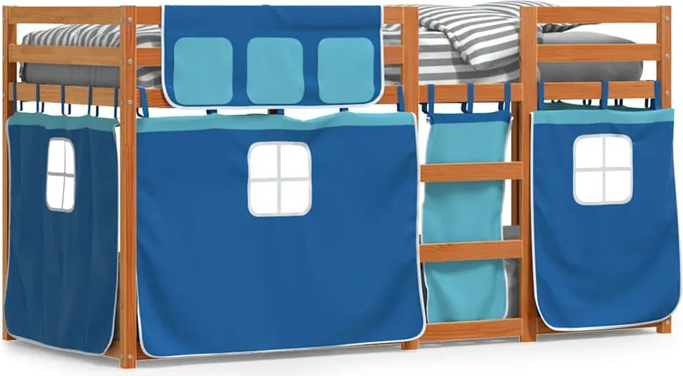 vidaXL Pat supraetajat cu perdele, albastru, 75x190 cm, lemn masiv pin