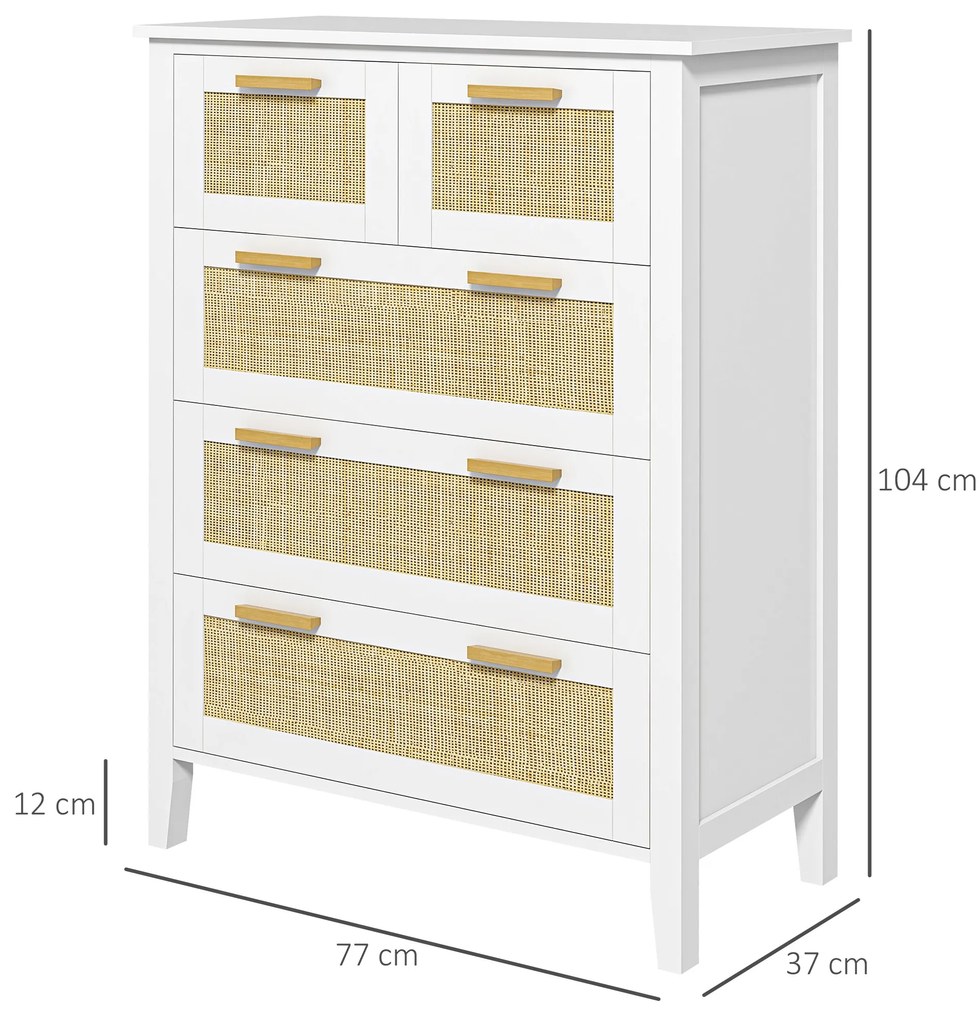 HOMCOM Comodă 5 sertare mânere de lemn masiv șine de metal pentru birou salon dormitor 77 x 37 x 104 cm alb | Aosom Romania