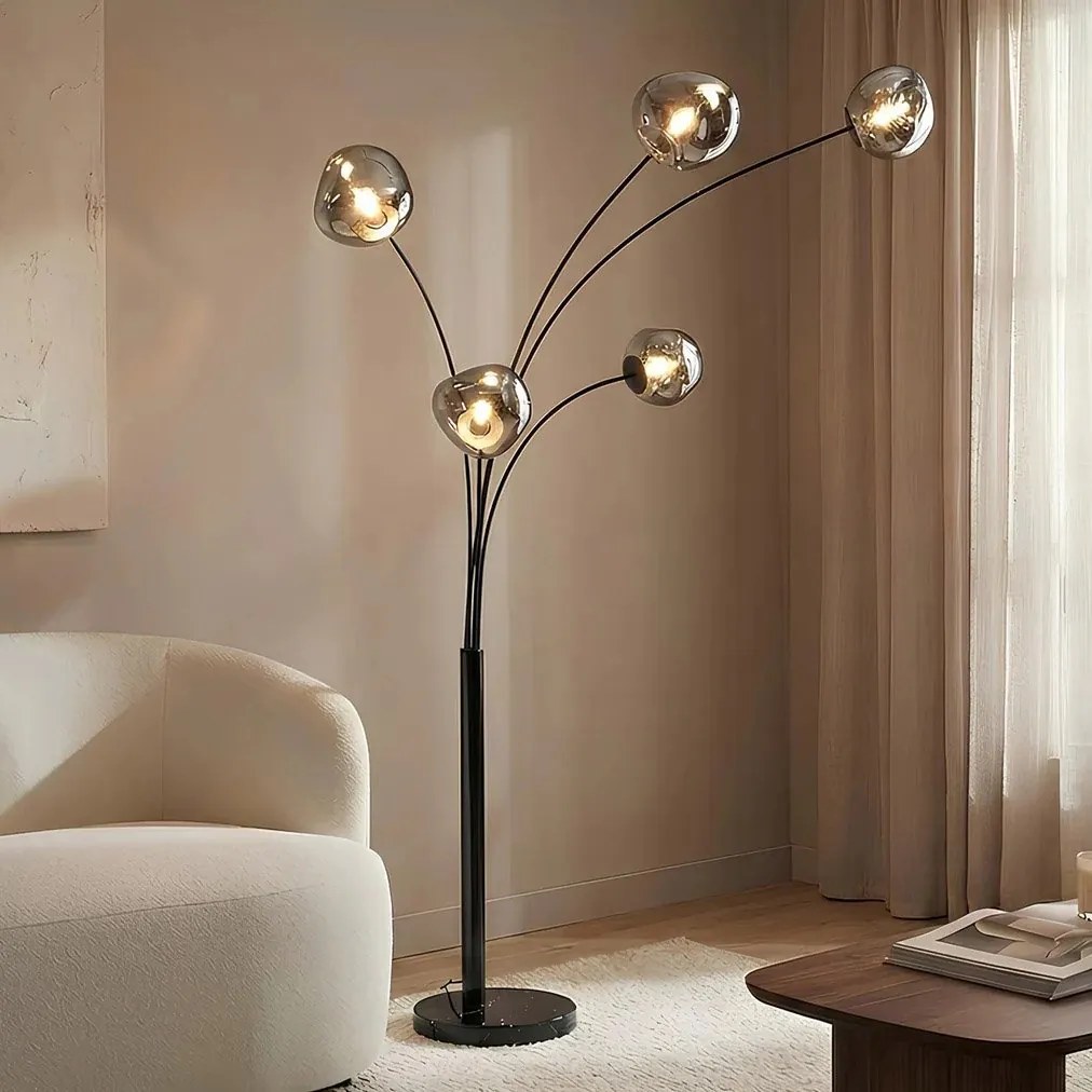 Lampa de podea moderna cu 5 globuri sticla fumurie LIQUID DIAMOND