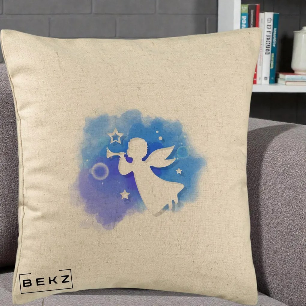Perna Decorativa Inger cu Trompeta Albastru, 40x40 cm, Bej, Husa Detasabila, Perna Inclusa, BEKZ®