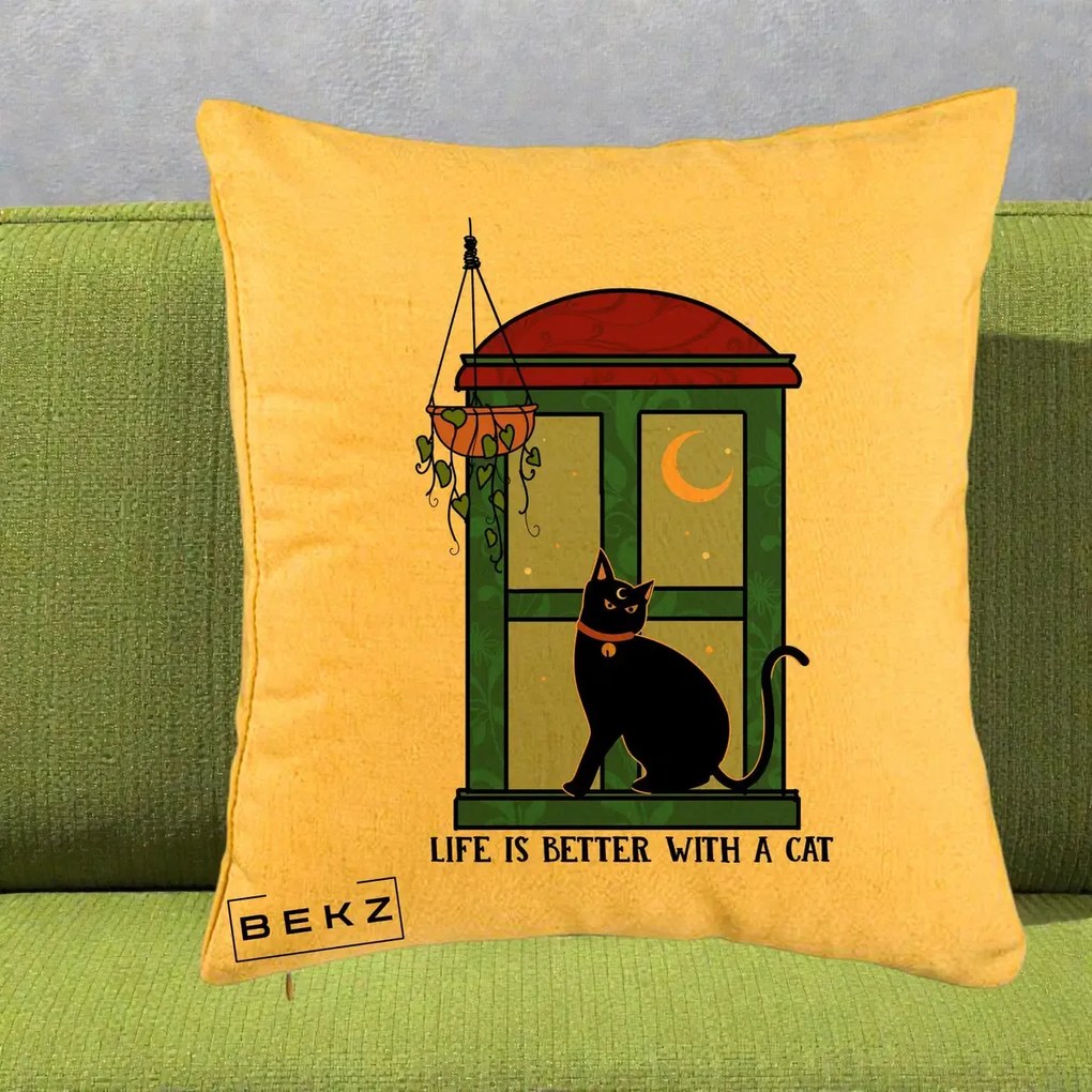 Perna Personalizata Life is Better with a Cat Geam, 40x40 cm, Galben, Husa Detasabila, Perna Inclusa, BEKZ®
