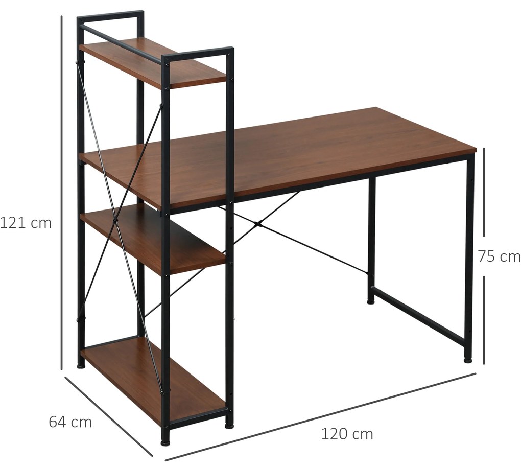 HOMCOM Birou de colț cu depozitare design industrial cu bibliotecă 3 rafturi panouri particulate aspect nuc metal negru | Aosom Romania