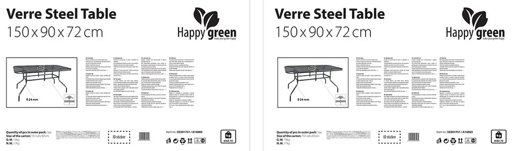 Masă Happy Green Garden cu blat din sticlă Verre,150 x 90 x 72 cm