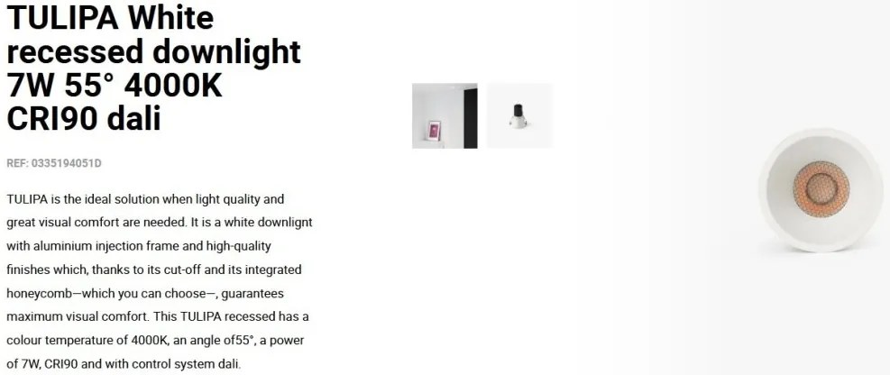 Spot LED incastrabil TULIPA White recessed downlight 7W 55° 4000K CRI90 dali