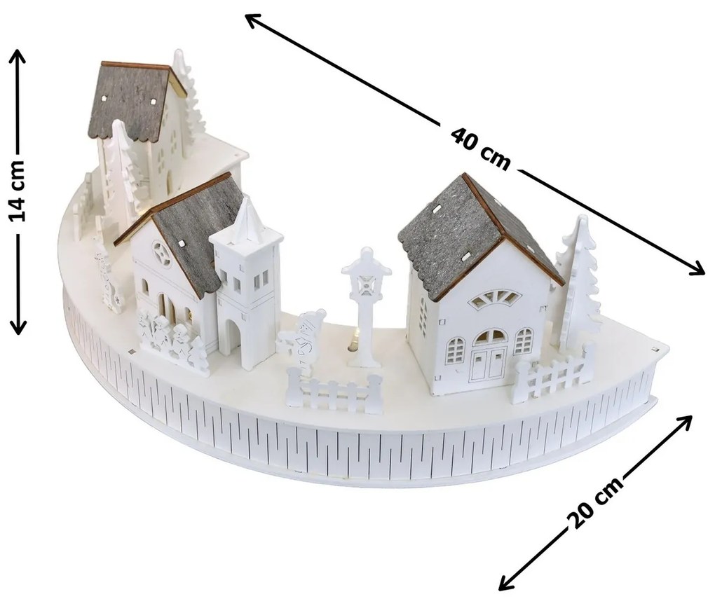 Decorație luminoasă din lemn cu LED-uri, sat cubiserică, 40 x 14 x 20 cm, semicirculară