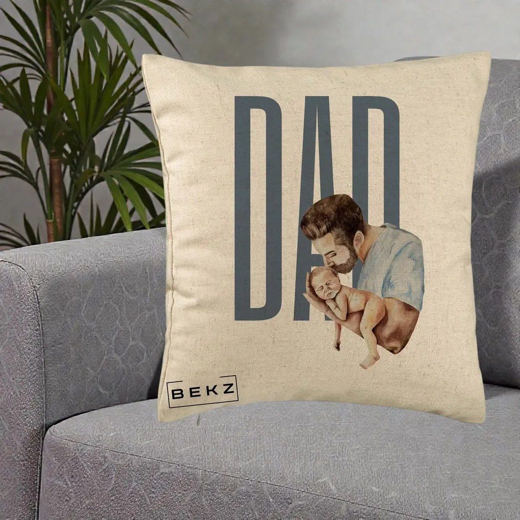 Cadou pentru Tata - Perna Personalizata DAD Tata si Nou-Nascut, 40x40 cm, Bej, Husa Detasabila, Perna Inclusa, BEKZ®