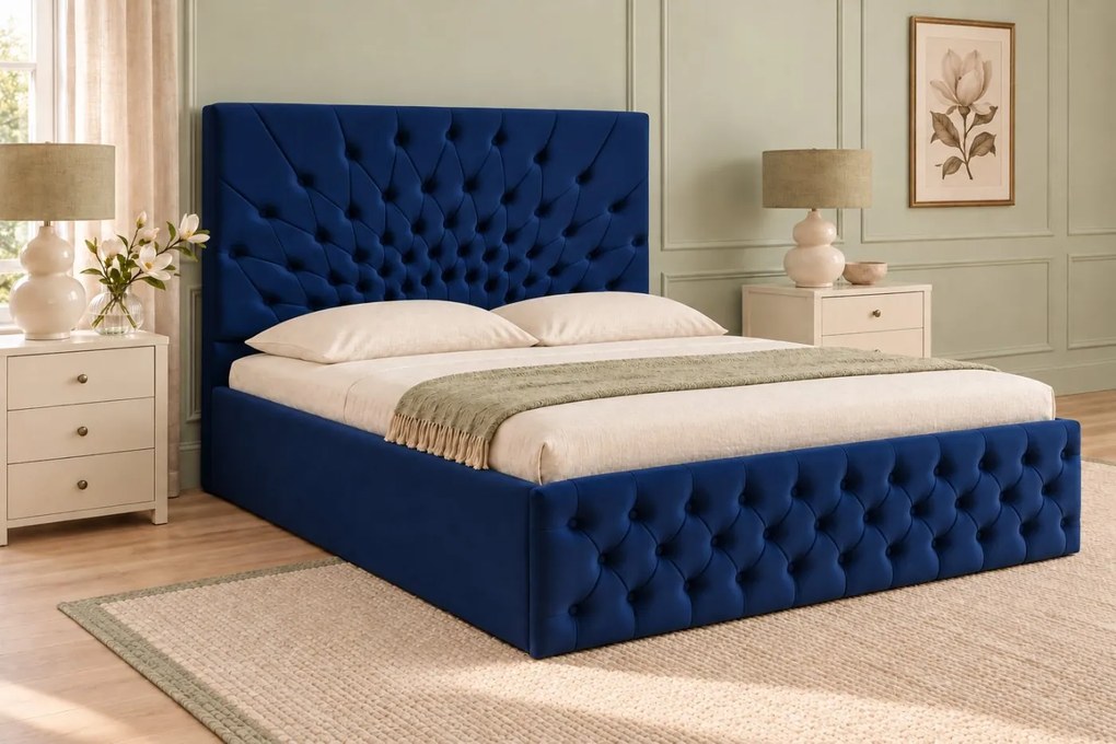 Pat tapițat Chesterfield din catifea Venezia 140×200 cm, bleumarin, cu ladă de depozitare