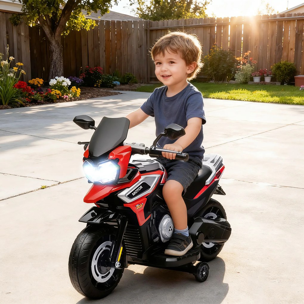 AIYAPLAY Motocicletă Electrică pentru Copii 18-36 Luni, 6V Motocicletă Electrică pentru Copii cu Roți Detașabile, Faruri, Muzică, 2.4 km/h Mini Motocicletă cu Far, Max 30kg, Roșu | Aosom Romania
