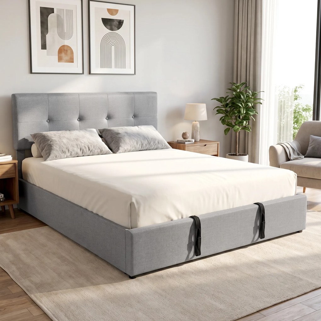 HOMCOM Pat cu ladă 140 x 190 cm, tapițat cu aspect de in, gri închis | Aosom Romania